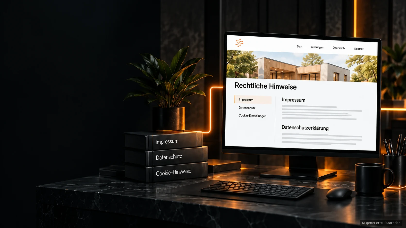 Illustration eines Bildschirms mit Rechtstext-Seiten und geordneten Unterlagen auf einem Schreibtisch.