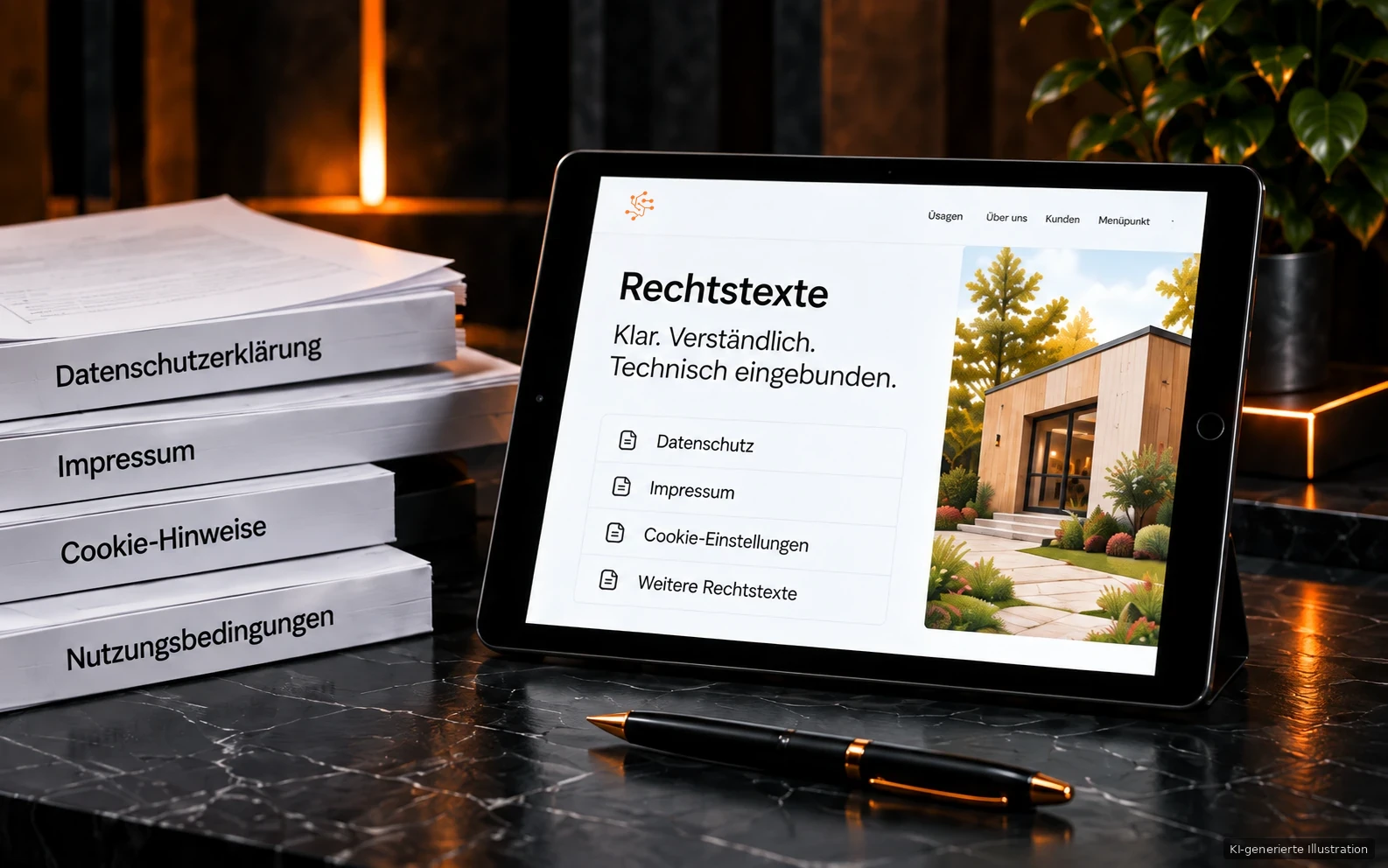 Illustration eines Tablets mit eingebundenen Rechtstexten neben geordneten Unterlagen.