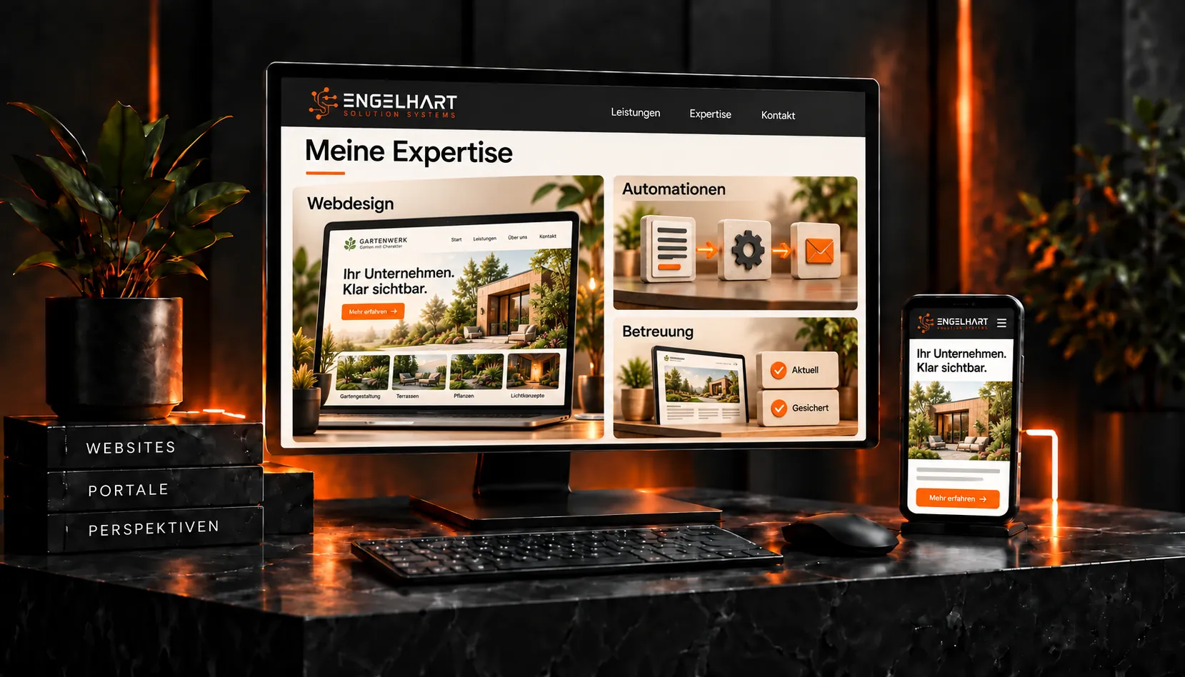 Meine Expertise auf Monitor und Smartphone: Webdesign am Beispiel einer Gartenbau-Website, Automationen vom Formular bis zur E-Mail und Betreuung, damit die Website aktuell und gesichert bleibt.