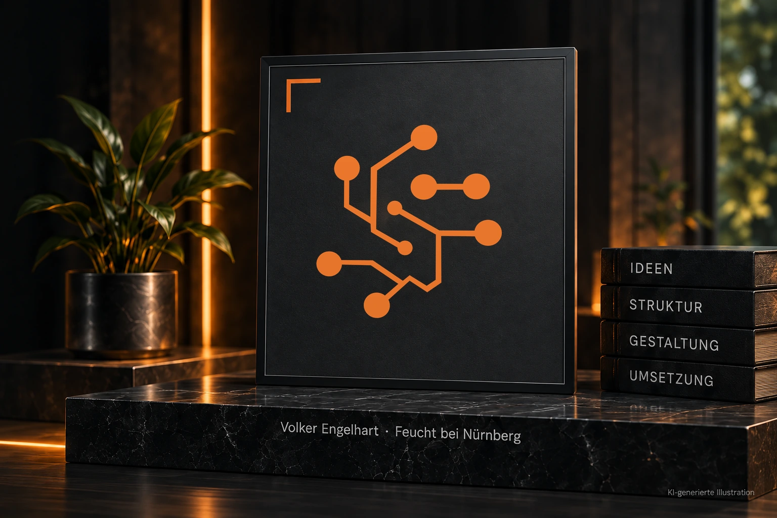 Das orange Engelhart-Logo im schwarzen Bilderrahmen, daneben Bücher mit den Titeln Ideen, Struktur, Gestaltung und Umsetzung. Auf dem Marmorsockel steht Volker Engelhart · Feucht bei Nürnberg.