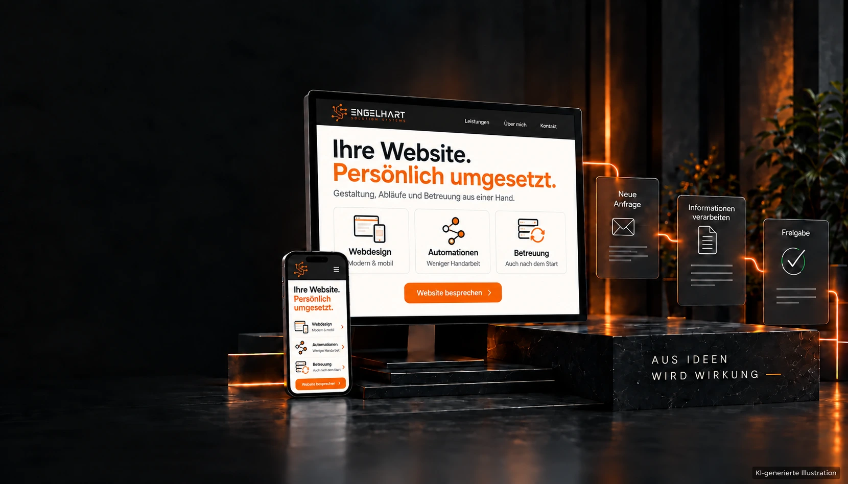 Ihre Website. Persönlich umgesetzt. Monitor und Smartphone zeigen einen gestalteten Webauftritt mit Webdesign, passenden Abläufen und Betreuung auch nach dem Start.