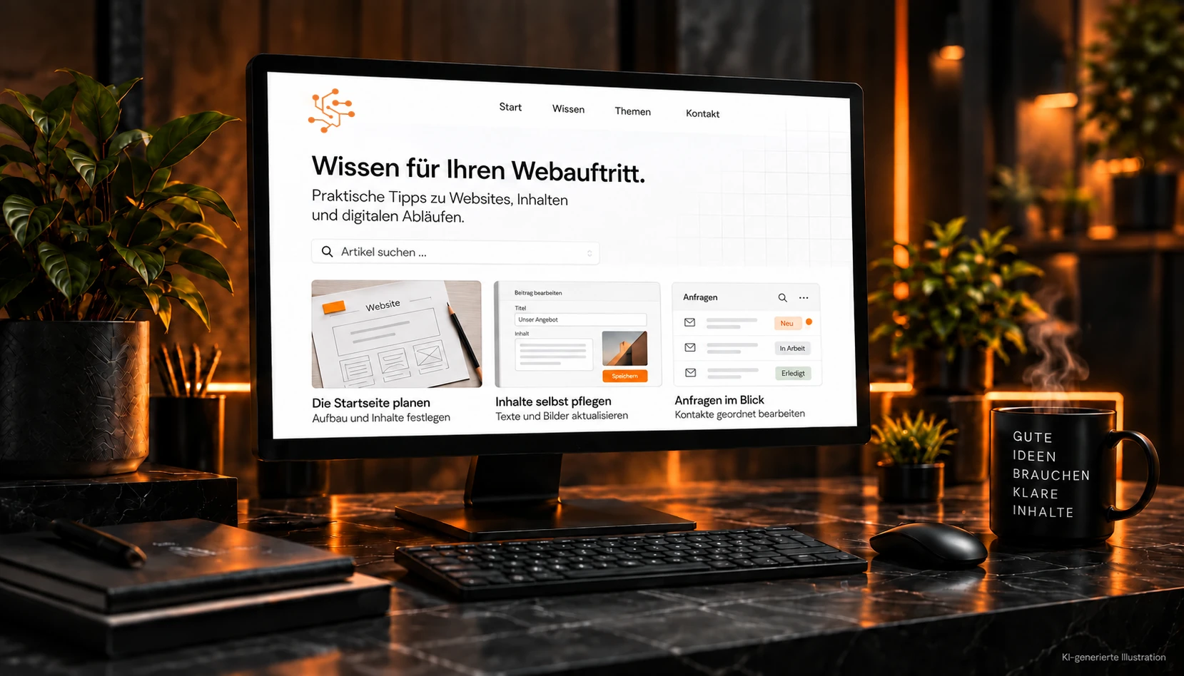 Wissensbereich mit Engelhart-Logo und Beispielen zu Websiteplanung, Inhaltspflege und Anfragen auf einem Monitor in einer warm beleuchteten Arbeitsumgebung