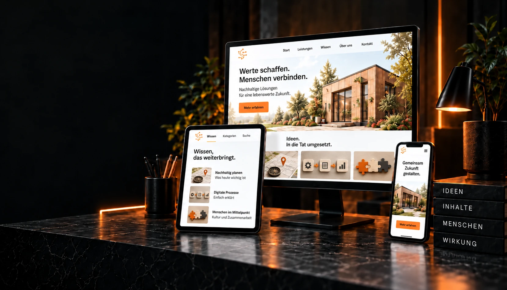 Werte schaffen. Menschen verbinden. Monitor, Tablet und Smartphone zeigen Motive zu Wissen, digitalen Prozessen und Zusammenarbeit mit dem Engelhart-Logo.
